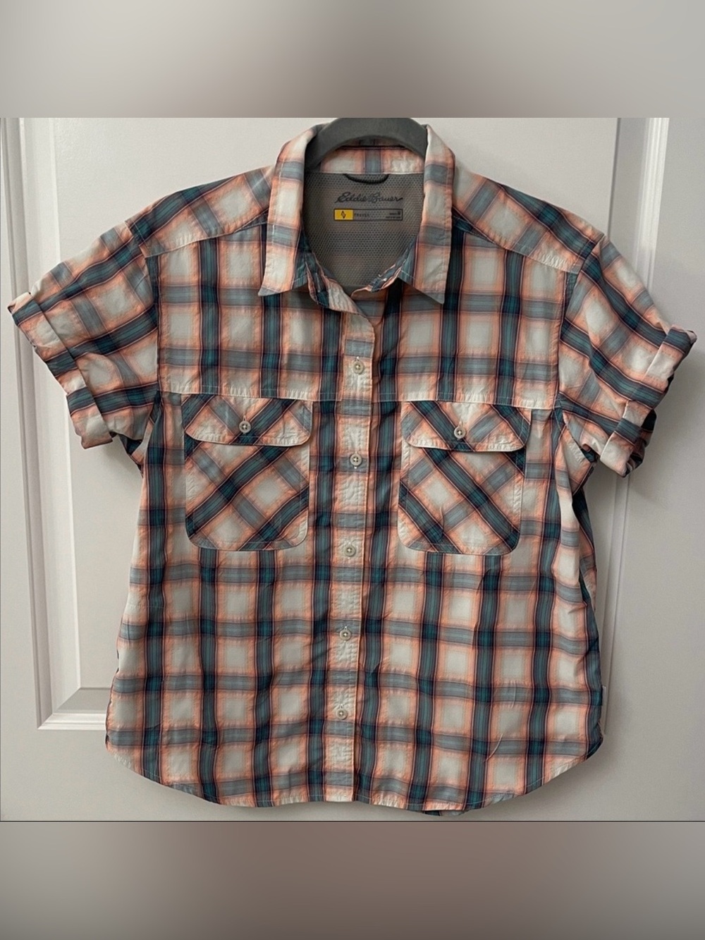 Eddie Bauer Women’s Short Sleeve Travex Hiking Plaid Shirt - Teal & Coral